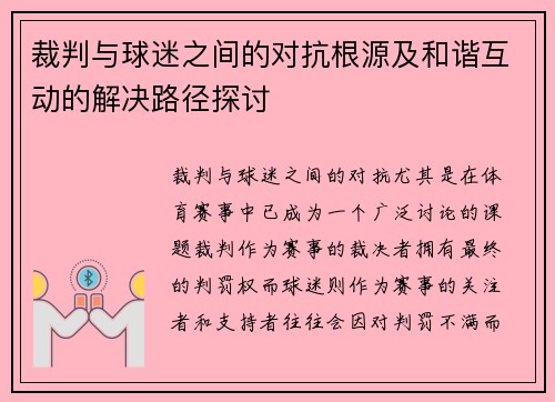 裁判与球迷之间的对抗根源及和谐互动的解决路径探讨